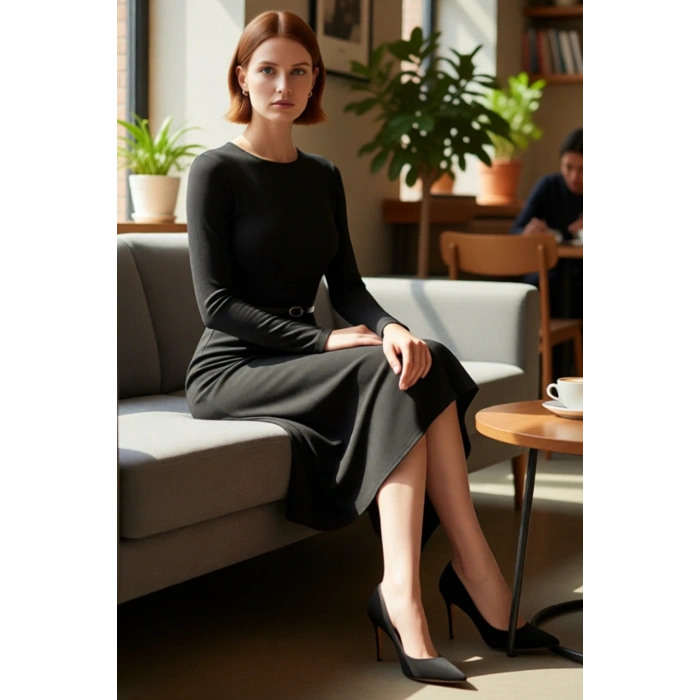 Kadın A Line Kesim Kemer Detaylı Havuz Yaka Uzun Kollu Maxi Boy Örme Elbise Kış Sezonu İçin Şık Bir