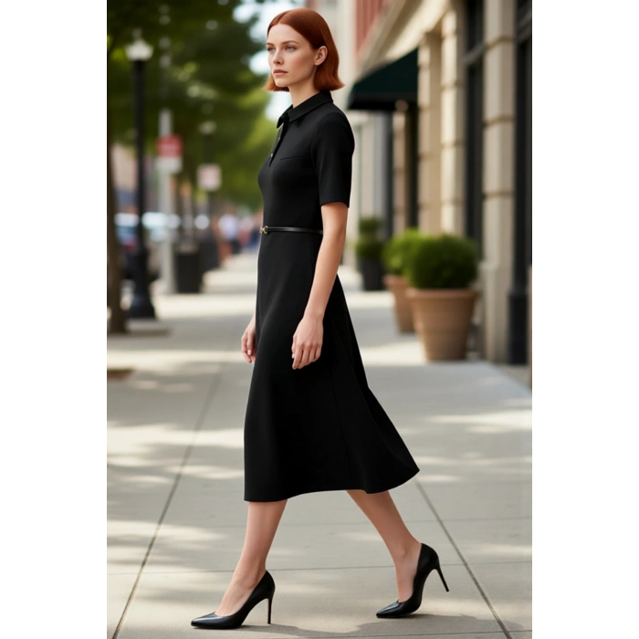 Kadın A Line Kesim Kısa Kollu Polo Yaka Kemerli Midi Elbise Yarım Pat Düğmeli İnterlok Dokuma