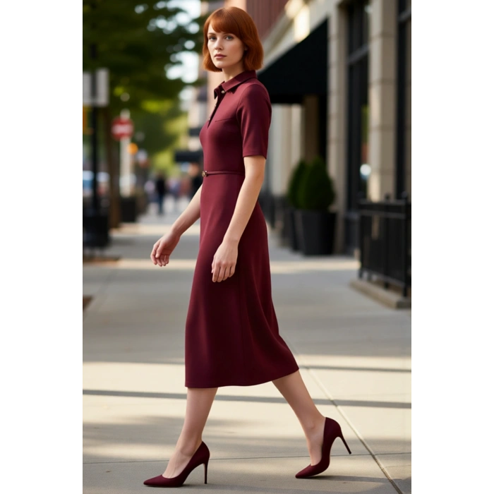 Kadın A Line Kesim Kısa Kollu Polo Yaka Kemerli Midi Elbise Yarım Pat Düğmeli İnterlok Dokuma