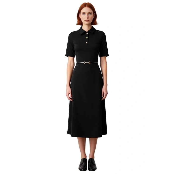 Kadın A Line Kesim Kısa Kollu Polo Yaka Kemerli Midi Elbise Yarım Pat Düğmeli İnterlok Dokuma