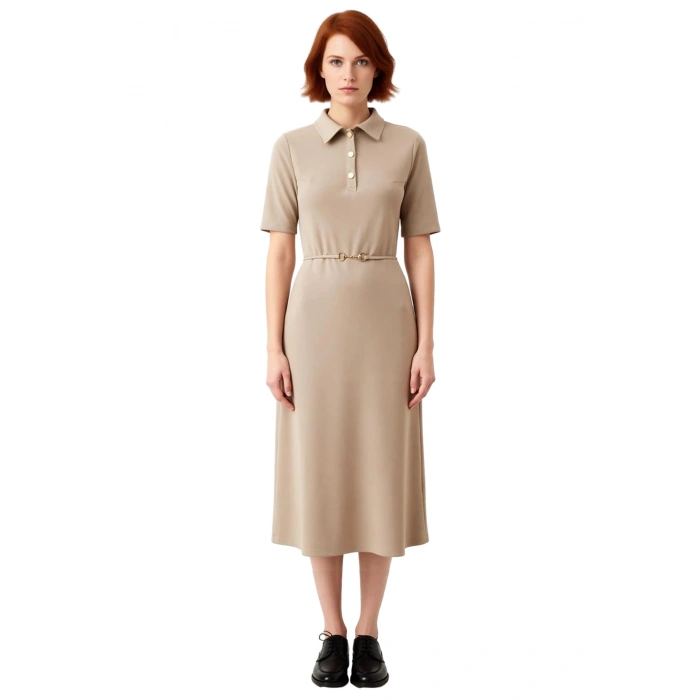 Kadın A Line Kesim Kısa Kollu Polo Yaka Kemerli Midi Elbise Yarım Pat Düğmeli İnterlok Dokuma