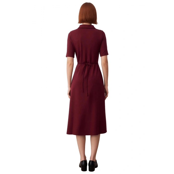 Kadın A Line Kesim Kısa Kollu Polo Yaka Kemerli Midi Elbise Yarım Pat Düğmeli İnterlok Dokuma