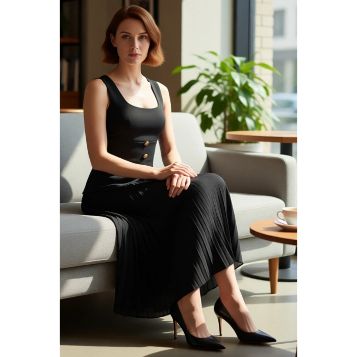 Kadın A Line Kesim Kolsuz Piliseli Etekli Midi Elbise Kare Yaka Detaylı Özel Günler İçin Kaliteli