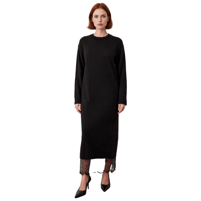 Kadın A Line Kesim Maxi Triko Elbise Dantel Detaylı Uzun Kollu Şık Bisiklet Yaka Tasarım Tesettür