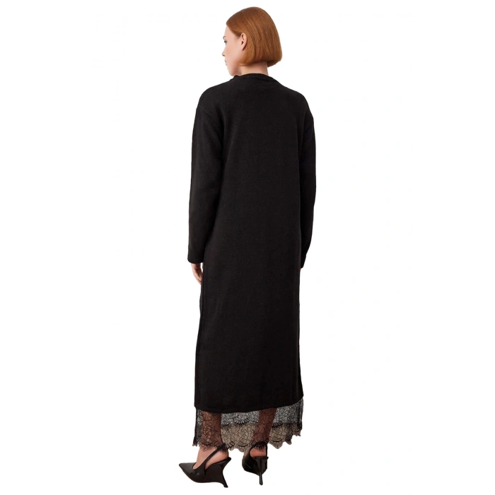 Kadın A Line Kesim Maxi Triko Elbise Dantel Detaylı Uzun Kollu Şık Bisiklet Yaka Tasarım Tesettür