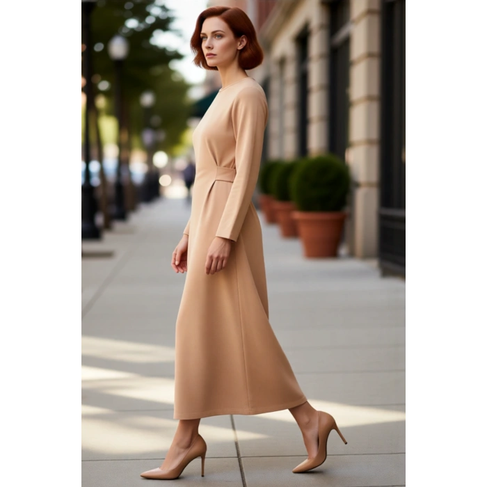 Kadın A Line Kesim Maxi Uzun Kol Bisiklet Yaka Örme Elbise Günlük Şıklık ve Konfor Sunar Kaliteli