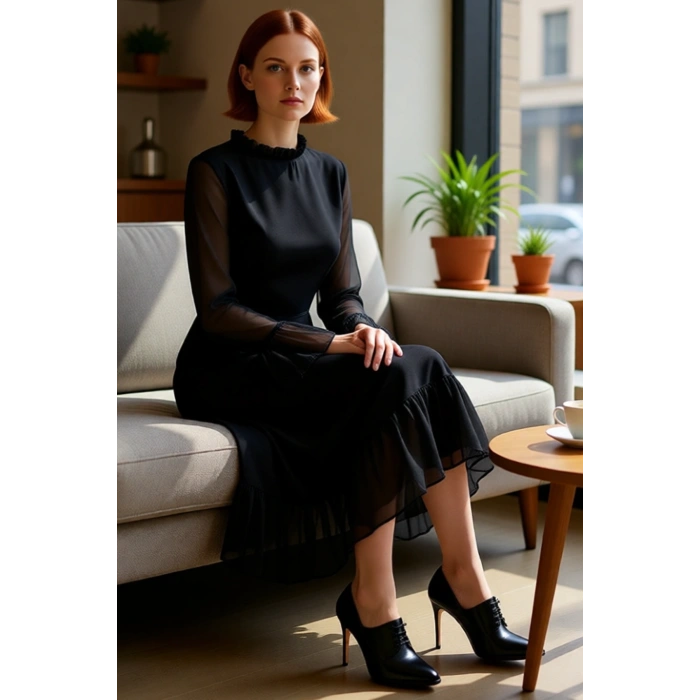 Kadın A Line Kesim Midi Boy İspanyol Kol Dik Yakalı Şifon Dokuma Astarlı Fırfırlı Özel Gün Elbisesi