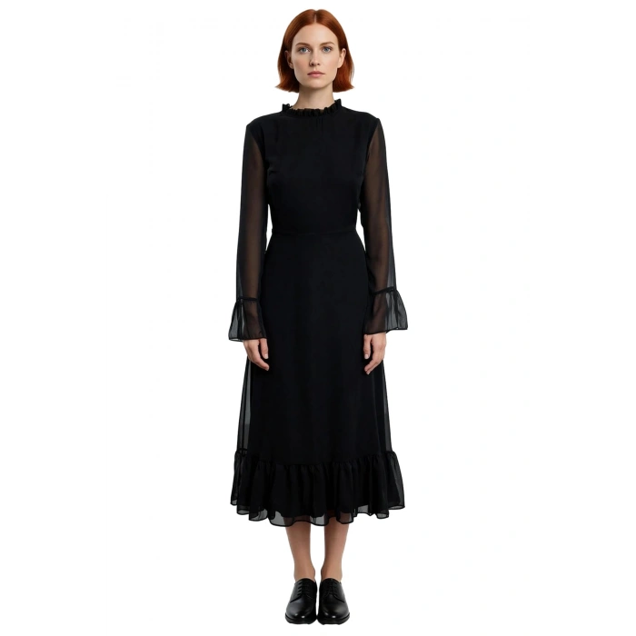 Kadın A Line Kesim Midi Boy İspanyol Kol Dik Yakalı Şifon Dokuma Astarlı Fırfırlı Özel Gün Elbisesi