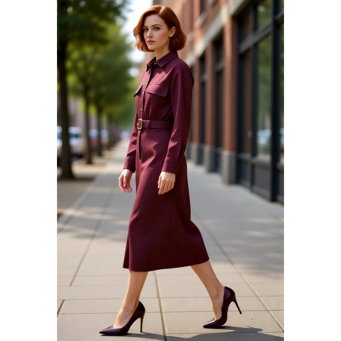 Kadın A Line Kesim Midi Boy Kemerli Gömlek Yaka Düz Dokuma Elbise Şık Ve Modern Stil Sunar