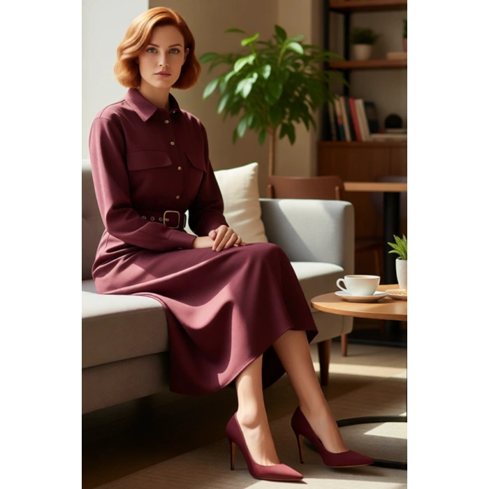 Kadın A Line Kesim Midi Boy Kemerli Gömlek Yaka Düz Dokuma Elbise Şık Ve Modern Stil Sunar