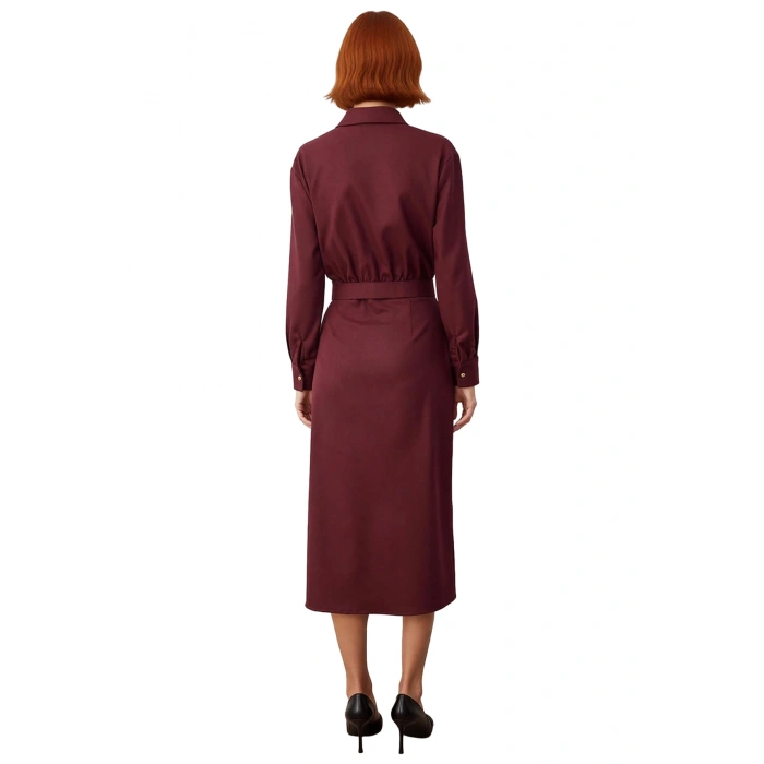 Kadın A Line Kesim Midi Boy Kemerli Gömlek Yaka Düz Dokuma Elbise Şık Ve Modern Stil Sunar