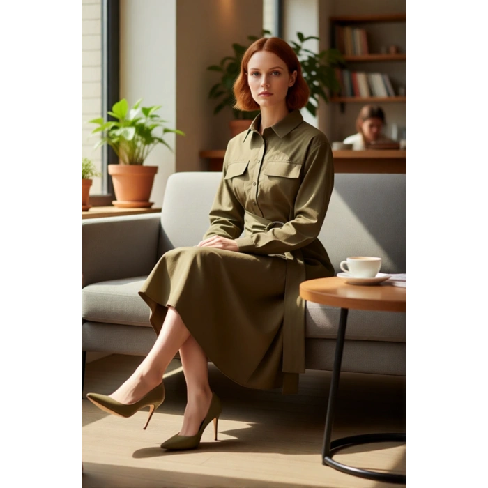 Kadın A Line Kesim Midi Boy Kuşaklı Gömlek Yaka Uzun Kollu Dokuma Elbise Kış Kombinleri İçin İdeal