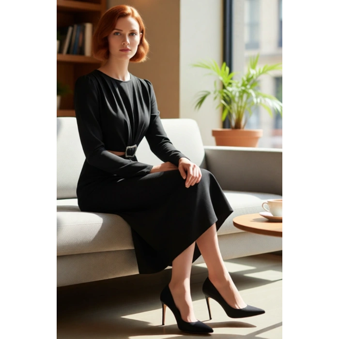 Kadın A line Kesim Midi Boy Uzun Kollu Dokuma Kışlık Cut Outlı Aksesuar Detaylı Şık Elbise