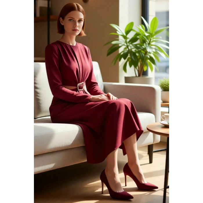 Kadın A line Kesim Midi Boy Uzun Kollu Dokuma Kışlık Cut Outlı Aksesuar Detaylı Şık Elbise