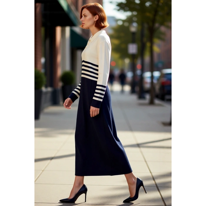 Kadın A line Kesim Polo Yaka Çizgili Düğmeli Triko Maxi Elbise Uzun Kol Rahat Şık Tasarım Kaliteli