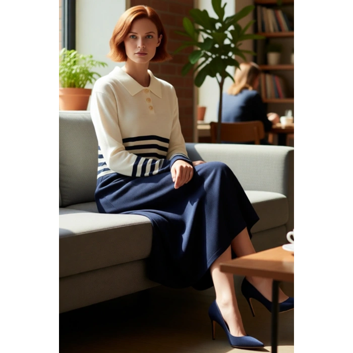 Kadın A line Kesim Polo Yaka Çizgili Düğmeli Triko Maxi Elbise Uzun Kol Rahat Şık Tasarım Kaliteli