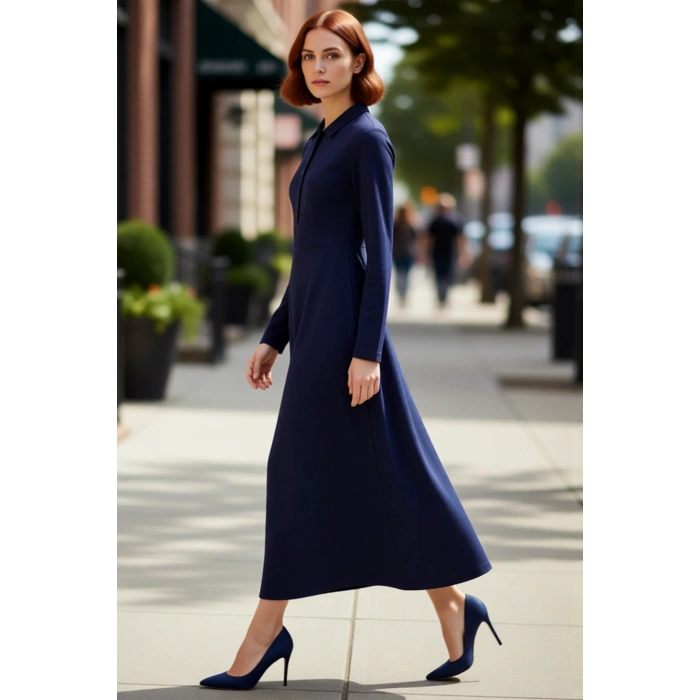 Kadın A Line Kesim Polo Yaka Maxi Örme Krep Elbise Düz Deseniyle Gün Boyu Şıklık Sunar Kaliteli