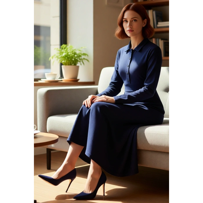 Kadın A Line Kesim Polo Yaka Maxi Örme Krep Elbise Düz Deseniyle Gün Boyu Şıklık Sunar Kaliteli