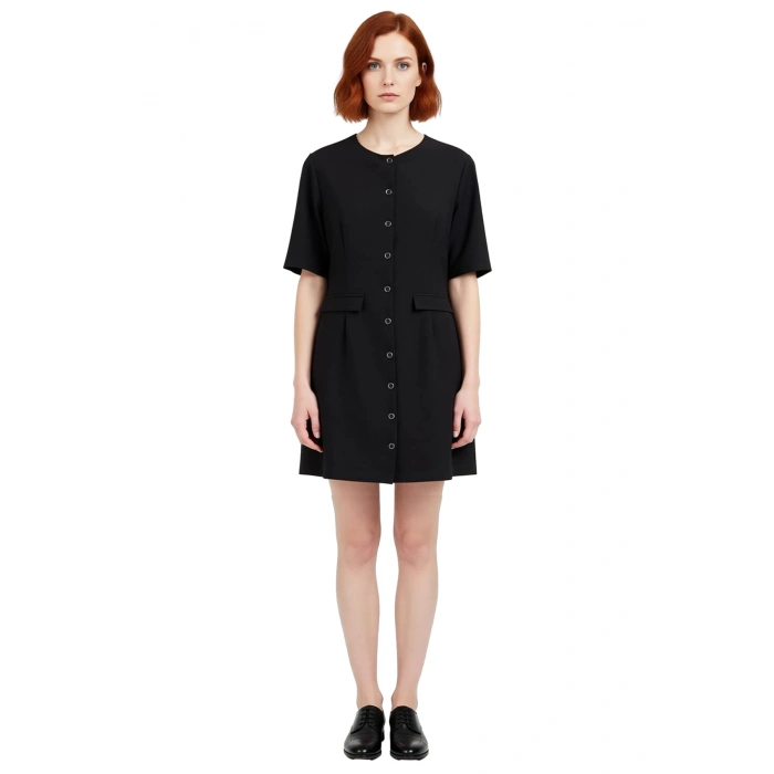 Kadın A Line Kısa Kol Dokuma Mini Elbise Düğme Detaylı Düz Kesim Ofis ve Günlük Şıklığı İçin İdeal