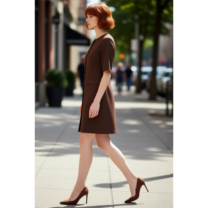 Kadın A Line Kısa Kol Dokuma Mini Elbise Düğme Detaylı Düz Kesim Ofis ve Günlük Şıklığı İçin İdeal