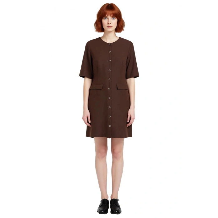 Kadın A Line Kısa Kol Dokuma Mini Elbise Düğme Detaylı Düz Kesim Ofis ve Günlük Şıklığı İçin İdeal