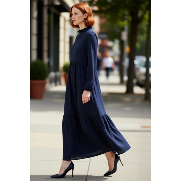 Kadın A line Krinkıl Dokuma Maxi Elbise Dik Yaka Uzun Kollu Rahat ve Şık Günlük Kombinler İçin İdeal