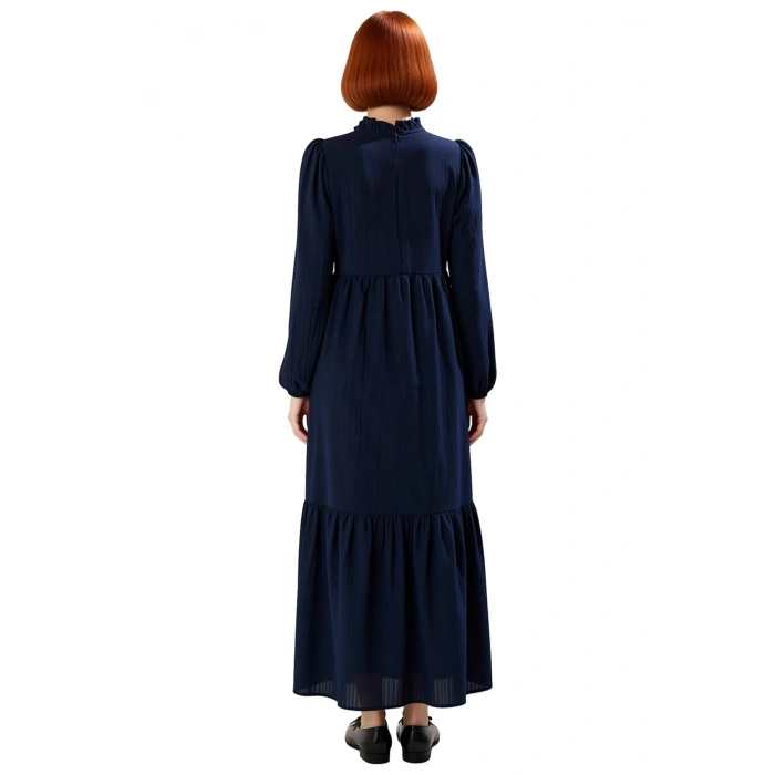 Kadın A line Krinkıl Dokuma Maxi Elbise Dik Yaka Uzun Kollu Rahat ve Şık Günlük Kombinler İçin İdeal