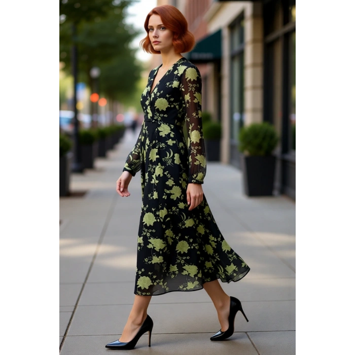 Kadın A Line Kruvaze V Yaka Çiçek Desenli Uzun Kollu Midi Şifon Elbise Bahar Yaz Şıklığı Kaliteli