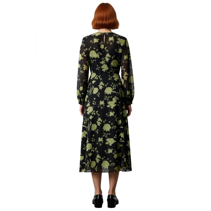 Kadın A Line Kruvaze V Yaka Çiçek Desenli Uzun Kollu Midi Şifon Elbise Bahar Yaz Şıklığı Kaliteli