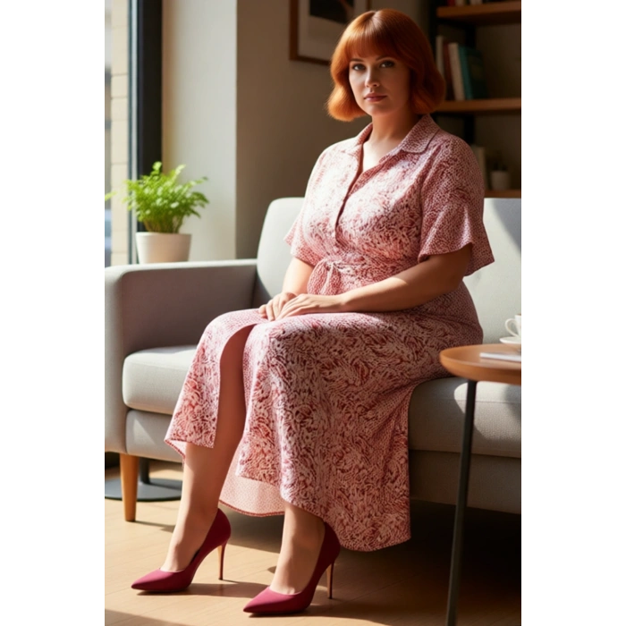 Kadın A Line Kuşaklı Maxi Boy Gömlek Yaka Kısa Melek Kol Soyut Desenli Viskon Elbise İlkbahar Yaz