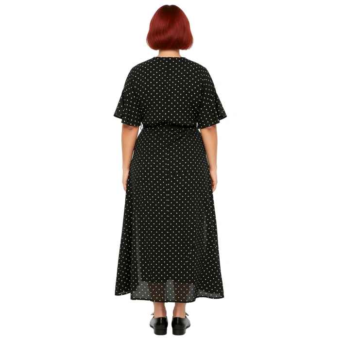 Kadın A Line Kuşaklı Maxi Boy Gömlek Yaka Kısa Melek Kol Soyut Desenli Viskon Elbise İlkbahar Yaz