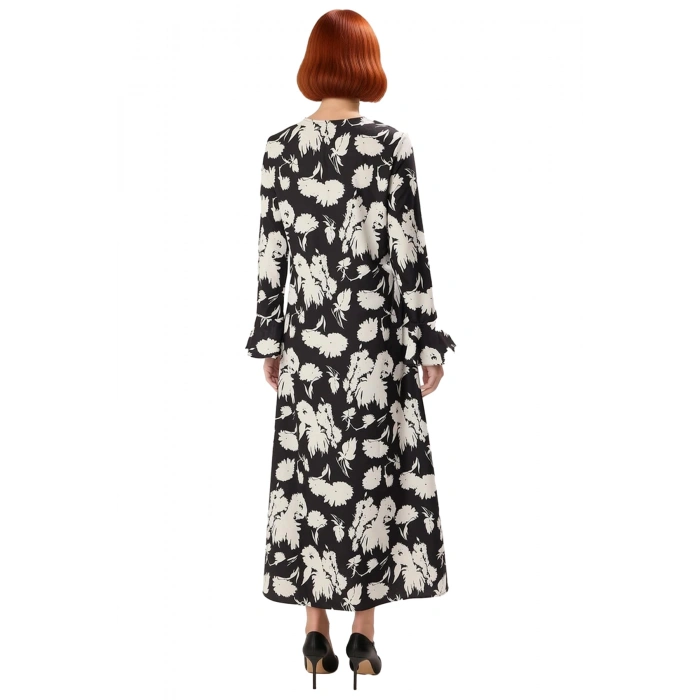 Kadın A line Maxi Boy Çiçekli Desenli Fiyonklu Bisiklet Yaka İspanyol Kol Dokuma Elbise Kaliteli