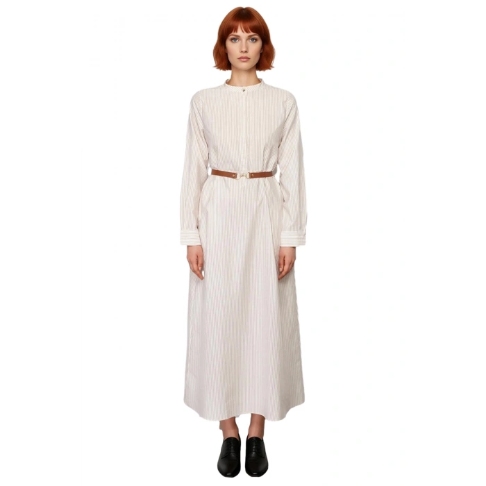 Kadın A line Maxi Boy Çizgili Kemer Detaylı Dokuma Elbise Hakim Yaka Uzun Kollu Günlük Kombinler