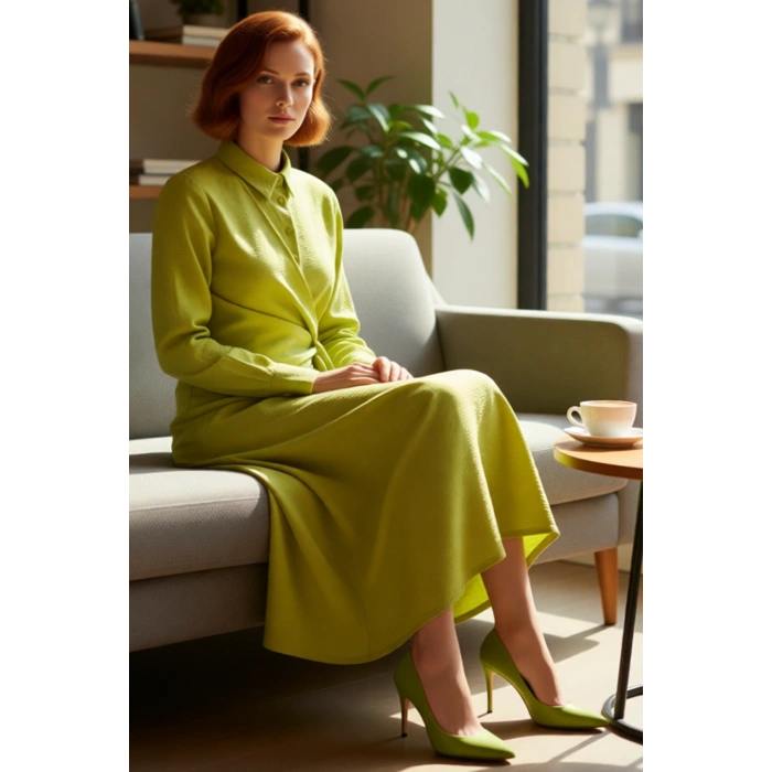 Kadın A Line Maxi Boy Dokuma Elbise Gömlek Yaka Standart Kol Belden Bağlama Detaylı İlkbahar