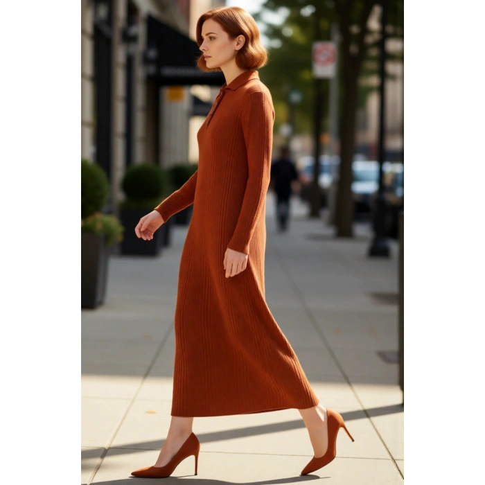 Kadın A Line Maxi Triko Elbise Polo Yaka Uzun Kollu Ribana Düz Desen Yarım Patlı Rahat Günlük Kış