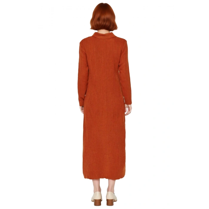 Kadın A Line Maxi Triko Elbise Polo Yaka Uzun Kollu Ribana Düz Desen Yarım Patlı Rahat Günlük Kış