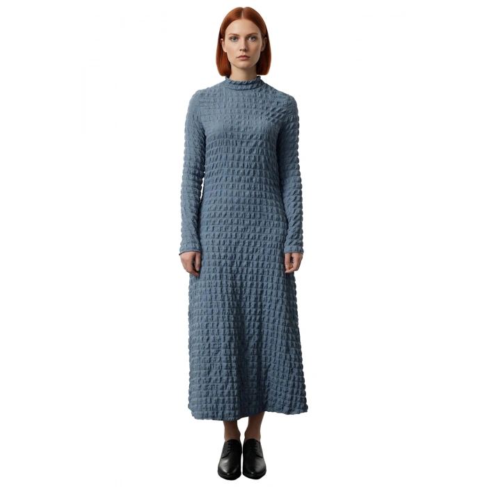 Kadın A line Maxi Uzun Kollu Dik Yaka Gofre Dokulu Örme Astarlı Şık ve Rahat Günlük Elbise