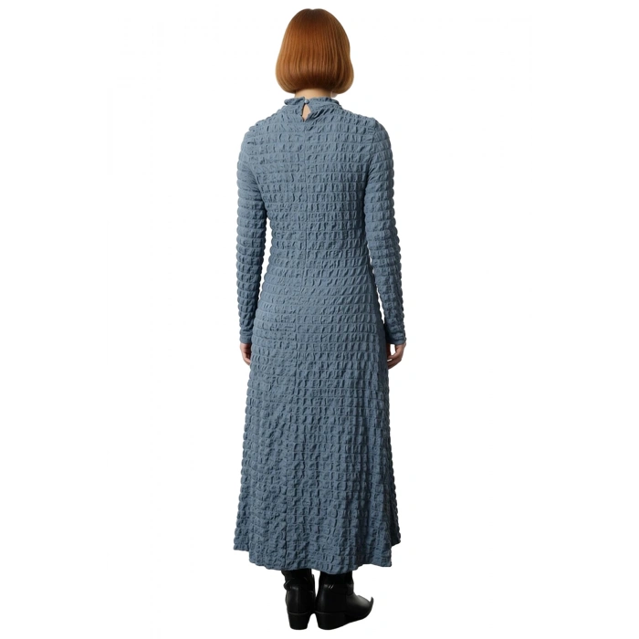 Kadın A line Maxi Uzun Kollu Dik Yaka Gofre Dokulu Örme Astarlı Şık ve Rahat Günlük Elbise