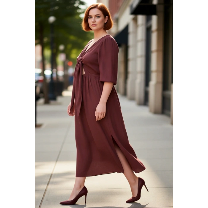 Kadın A Line Midi Boy Truvakar Balon Kollu V Yaka Dokuma Elbise İlkbahar Sonbahar Günlük Şıklık