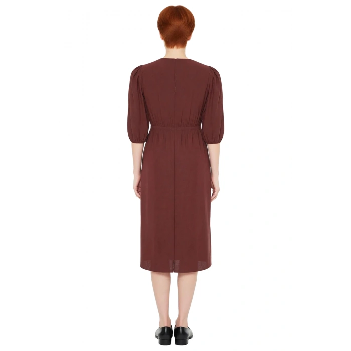 Kadın A Line Midi Boy Truvakar Balon Kollu V Yaka Dokuma Elbise İlkbahar Sonbahar Günlük Şıklık