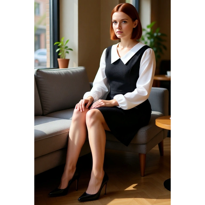 Kadın A Line Midi Boy Tüvit Dokuma Gömlek Yaka Renk Bloklu Uzun Kollu Şık ve Konforlu Elbise