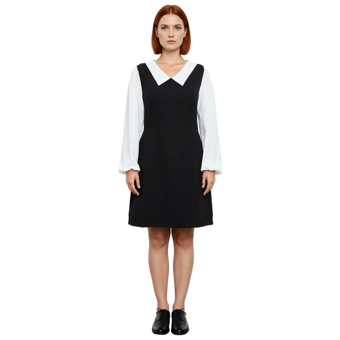 Kadın A Line Midi Boy Tüvit Dokuma Gömlek Yaka Renk Bloklu Uzun Kollu Şık ve Konforlu Elbise