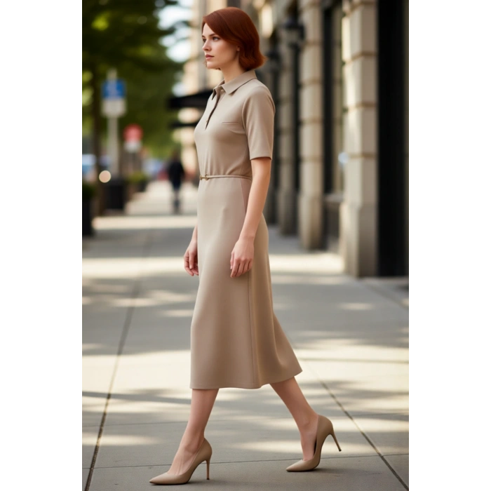 Kadın A Line Midi Elbise Polo Yaka Kemer Detaylı Yarım Pat Düğmeli Standart Kollu İnterlok Şıklığı