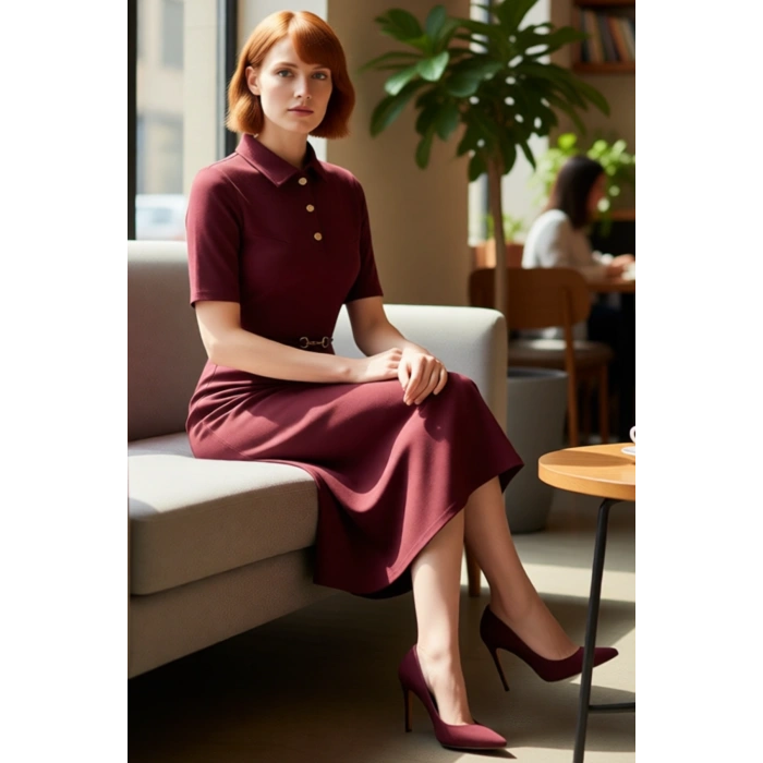 Kadın A Line Midi Elbise Polo Yaka Kemer Detaylı Yarım Pat Düğmeli Standart Kollu İnterlok Şıklığı