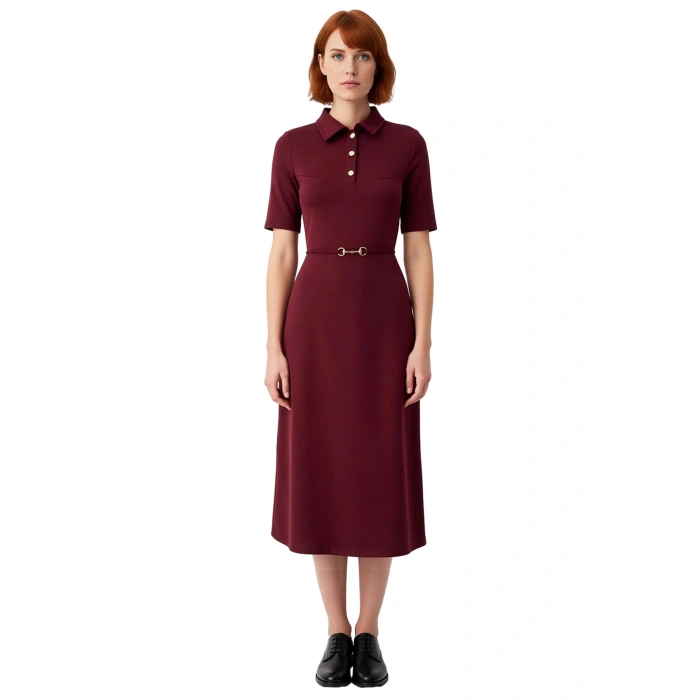 Kadın A Line Midi Elbise Polo Yaka Kemer Detaylı Yarım Pat Düğmeli Standart Kollu İnterlok Şıklığı