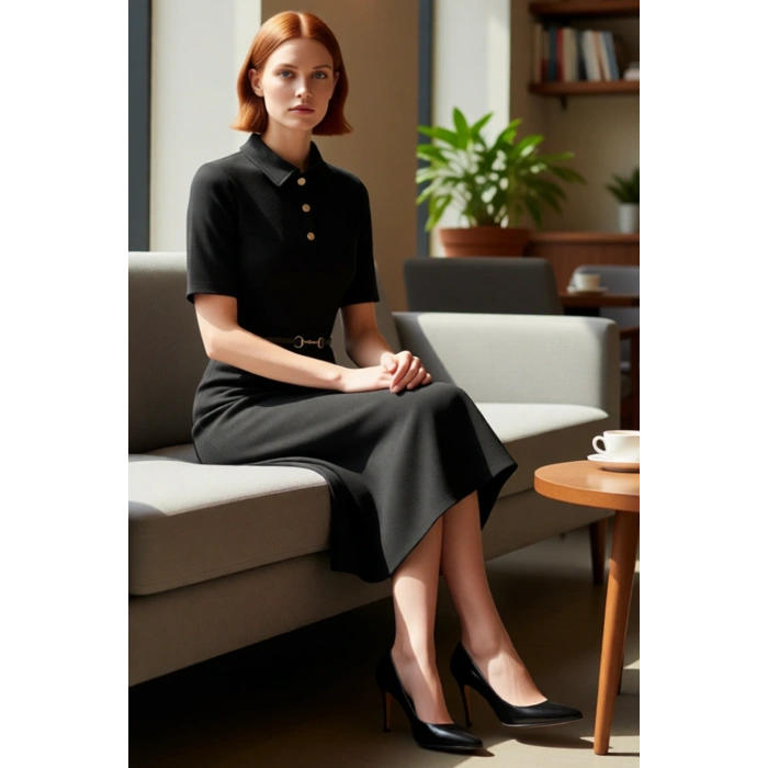 Kadın A Line Midi Elbise Polo Yaka Kemer Detaylı Yarım Pat Düğmeli Standart Kollu İnterlok Şıklığı