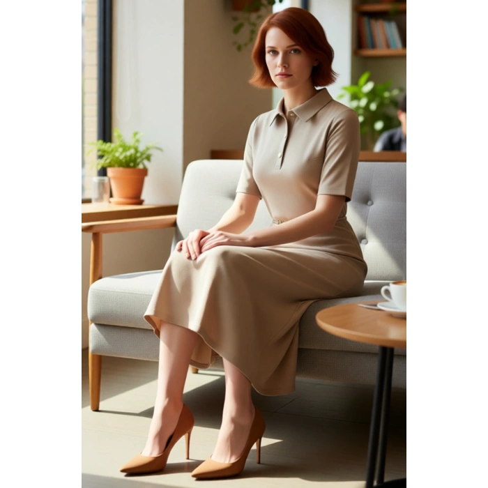 Kadın A Line Midi Elbise Polo Yaka Kemer Detaylı Yarım Pat Düğmeli Standart Kollu İnterlok Şıklığı