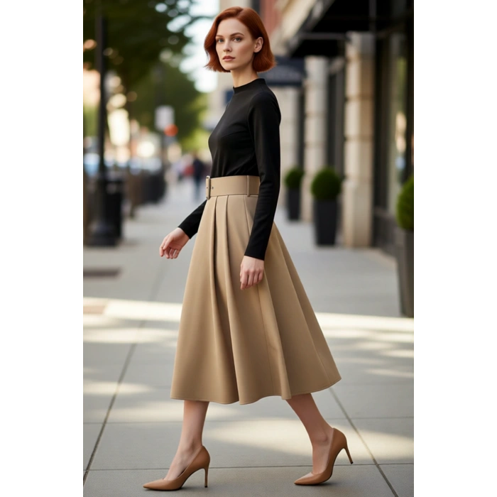 Kadın A Line Midi Renk Bloklu Kemerli Bisiklet Yaka Örme Elbise Günlük Şıklık Sunar Kaliteli