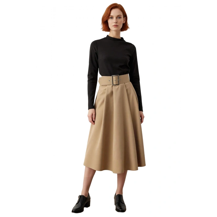 Kadın A Line Midi Renk Bloklu Kemerli Bisiklet Yaka Örme Elbise Günlük Şıklık Sunar Kaliteli