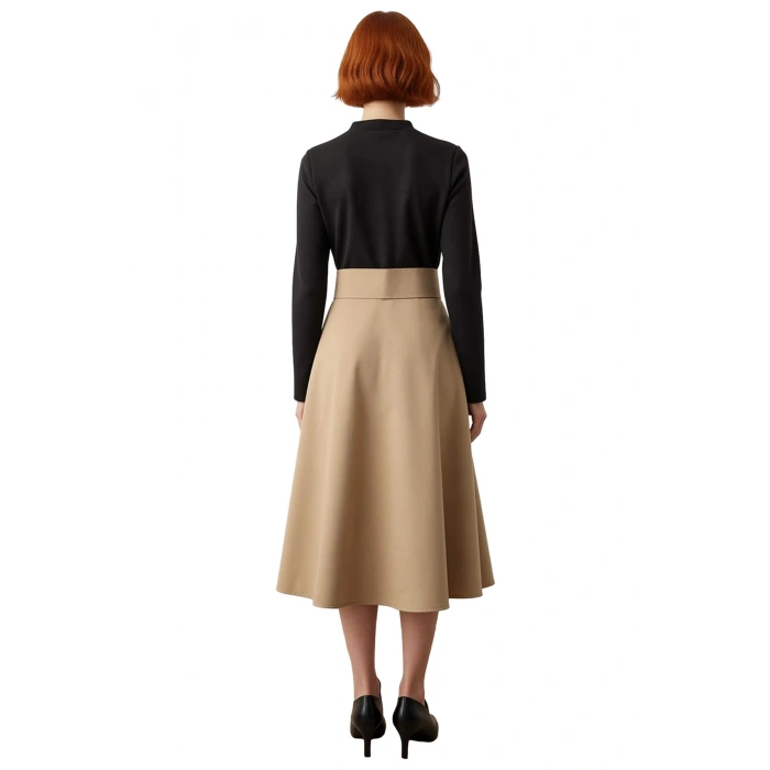 Kadın A Line Midi Renk Bloklu Kemerli Örme Elbise Bisiklet Yaka Tasarımıyla Soğuklarda İdeal